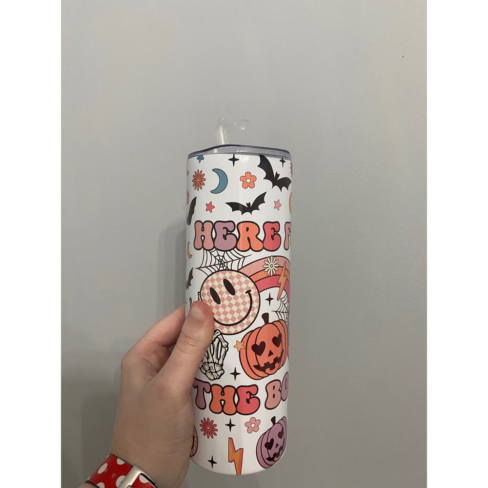 Halloween Tumbler Unisex 20oz White Here For The Boos Retro Groovy Disco Pumpkin - Picture 1 of 8